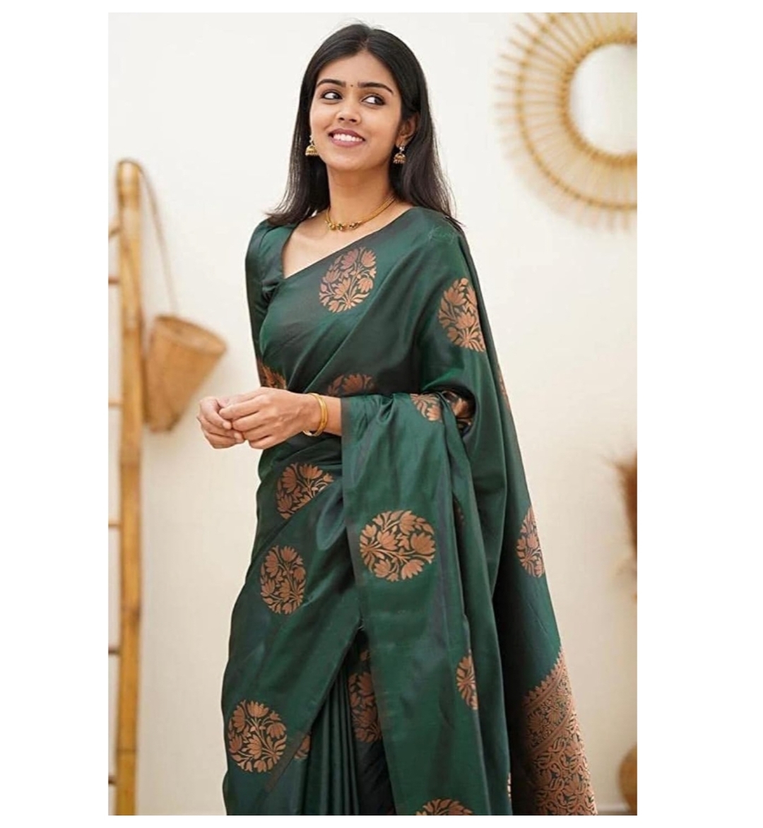 Awafu  Banarasi Cotton Silk Saree With Attached Blouse( Green ) 1