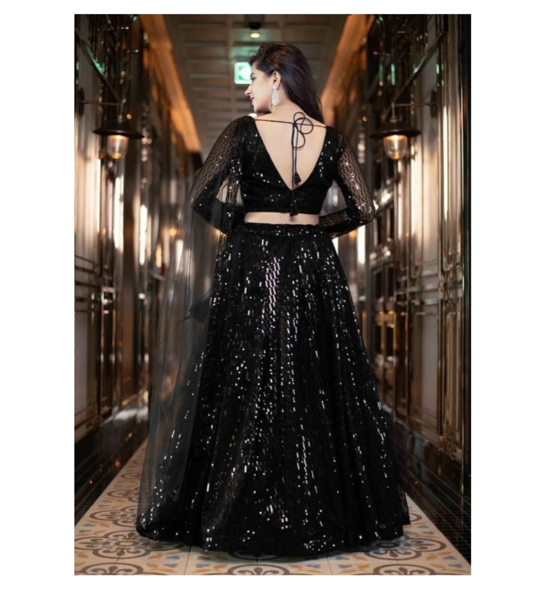 Awafu Embroidered Semi Stitched Lehenga Choli ( Black ) 3