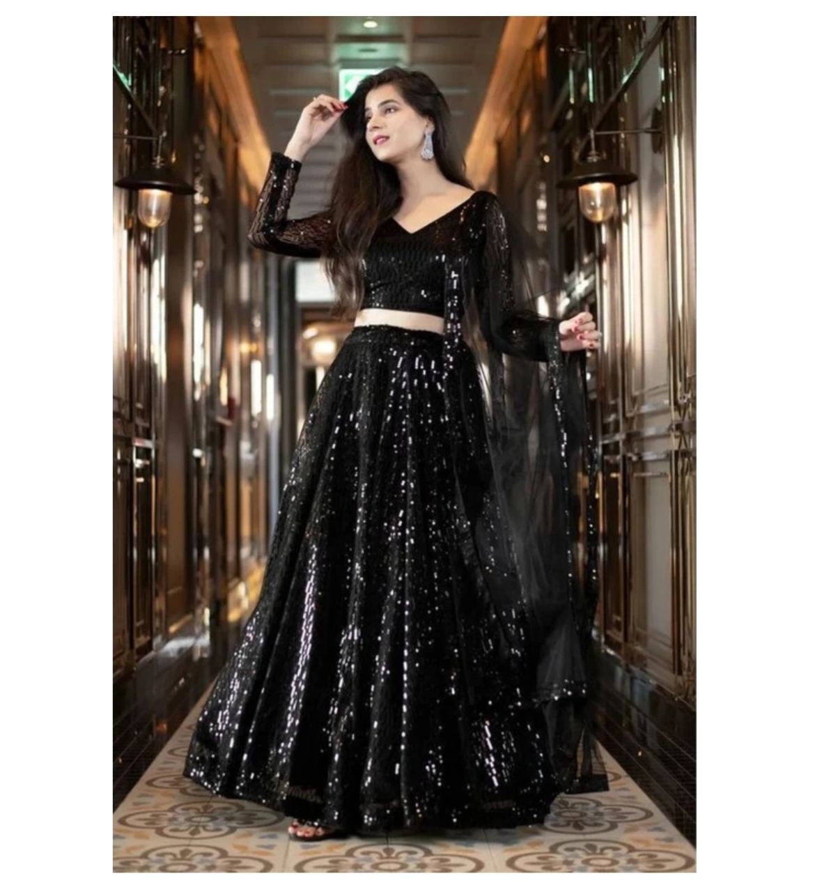 Awafu Embroidered Semi Stitched Lehenga Choli ( Black ) 1