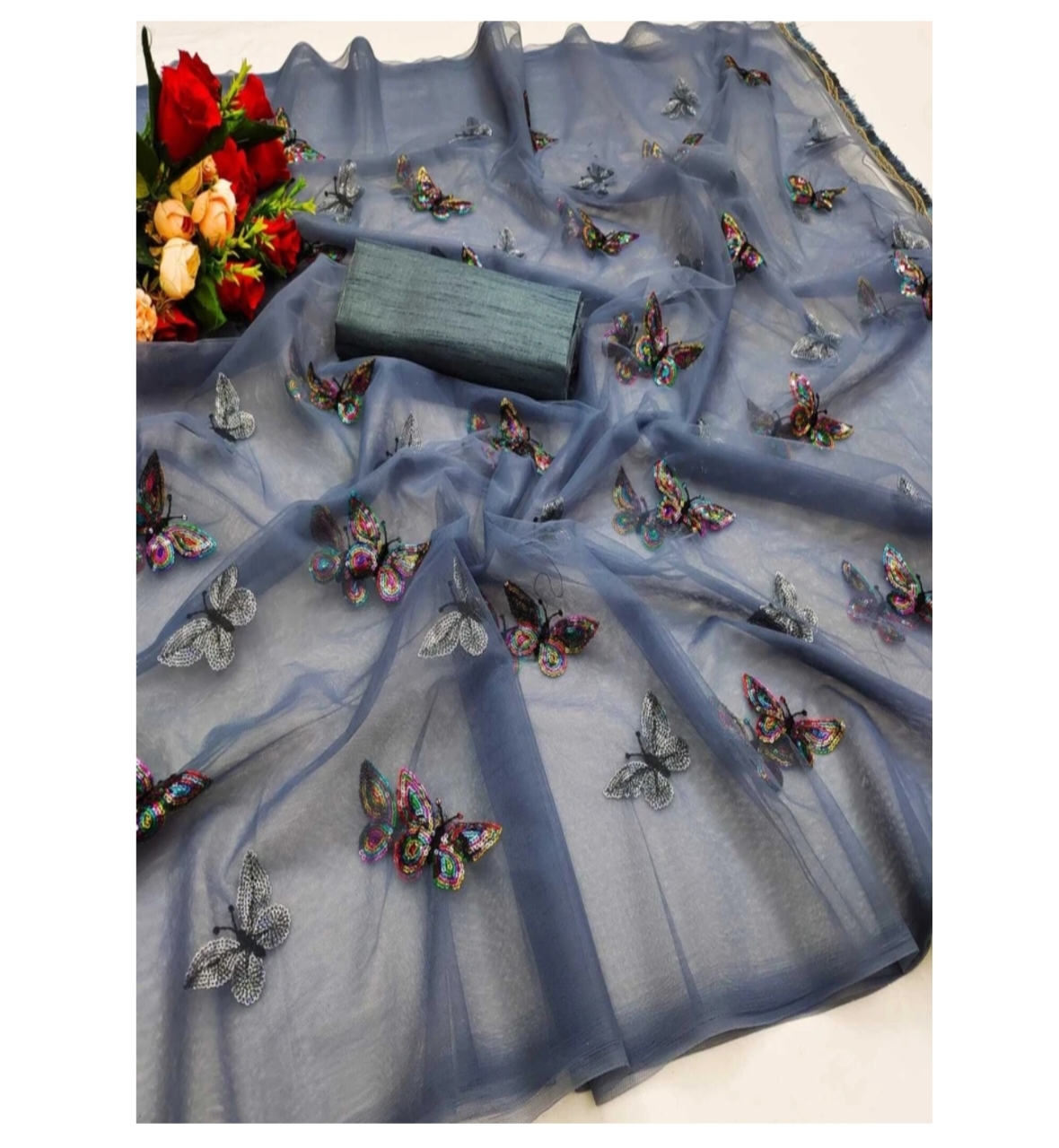 Awafu Applique Net Saree With Blouse (Grey ) 2