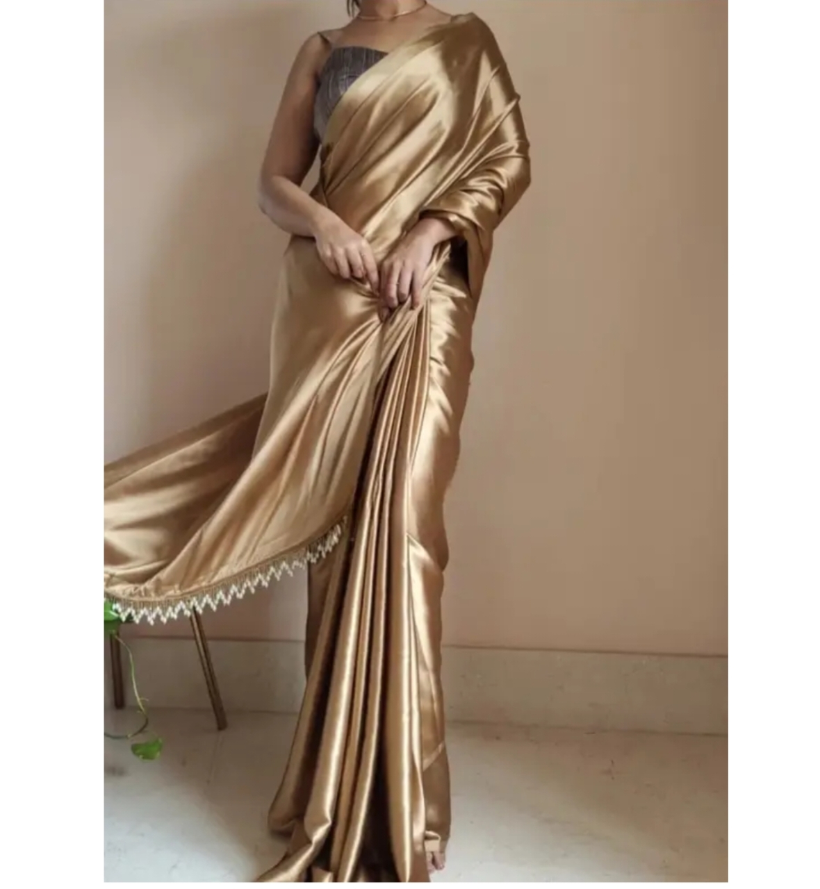 wafu Solid Plain Satin Silk Blend Saree With Blouse( Gold ) 3