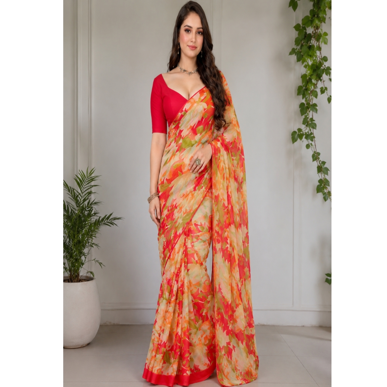 Solid Pattern Printed For Women Chiffo Saree  1
