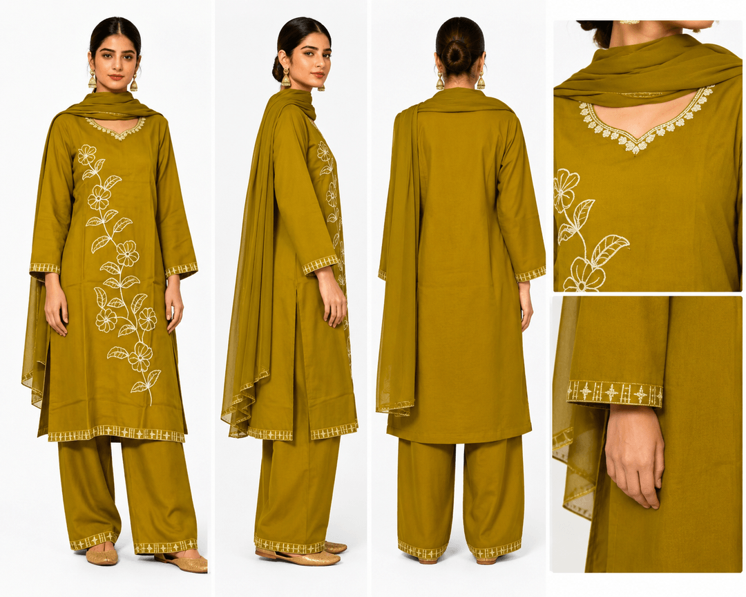 Women’s Mustard Embroidered Kurta Set with Palazzo & Dupatta 4