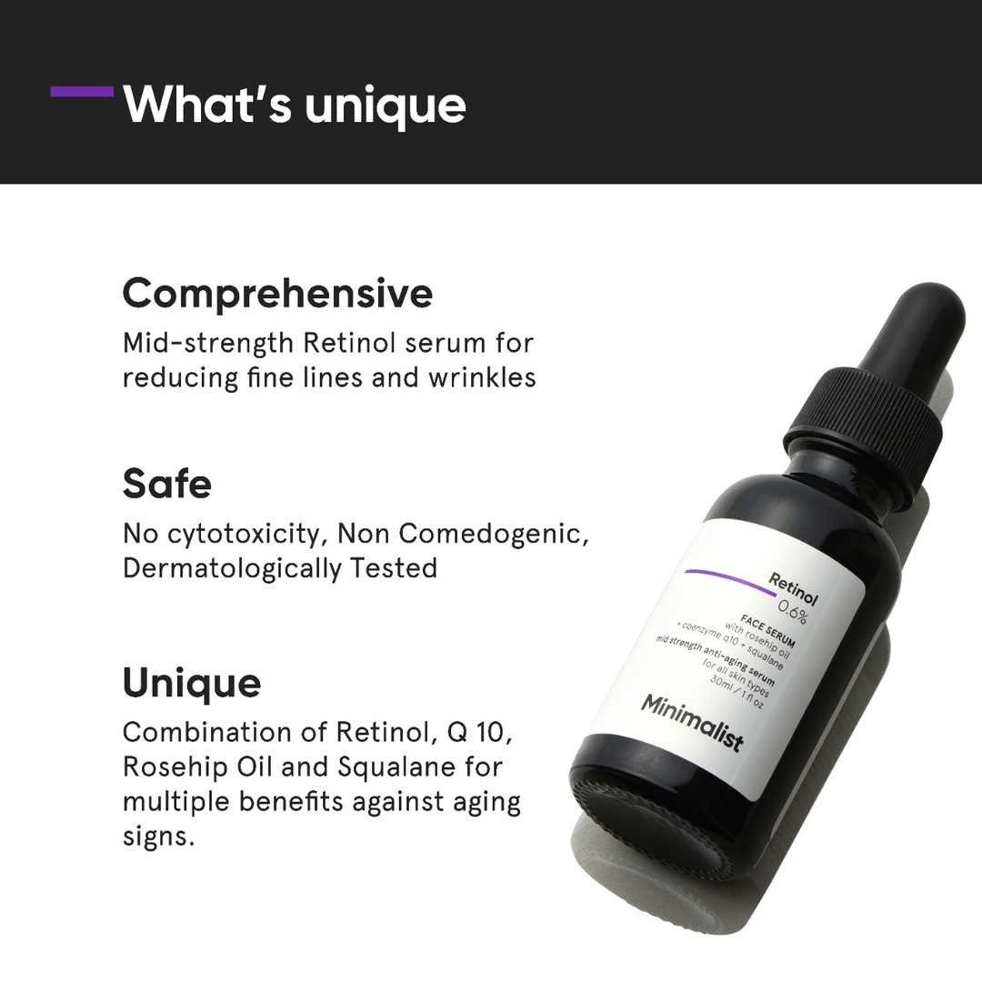 Minimalist 0.6% Retinol Serum For Anti Aging | Antioxidant Effects with Coenzyme Q10 | Reduces Fine Lines & Wrinkles | Mid Strength | 1 Fl Oz / 30 ml 3