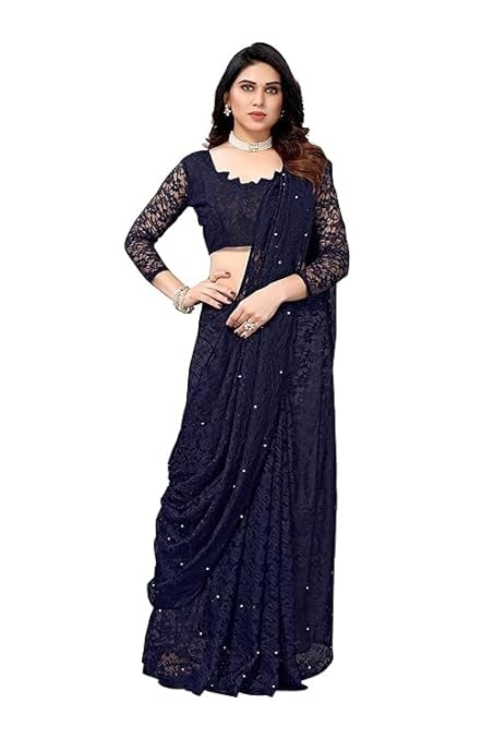 Awafu Women's Solid Net Saree with Pearl and Lace Work | Unstitched Blouse Piece Included | Elegant Rasel Net Fabric | Lightweight Saree for Festive | 5.40M Saree + 0.70M Blouse Fabric 4