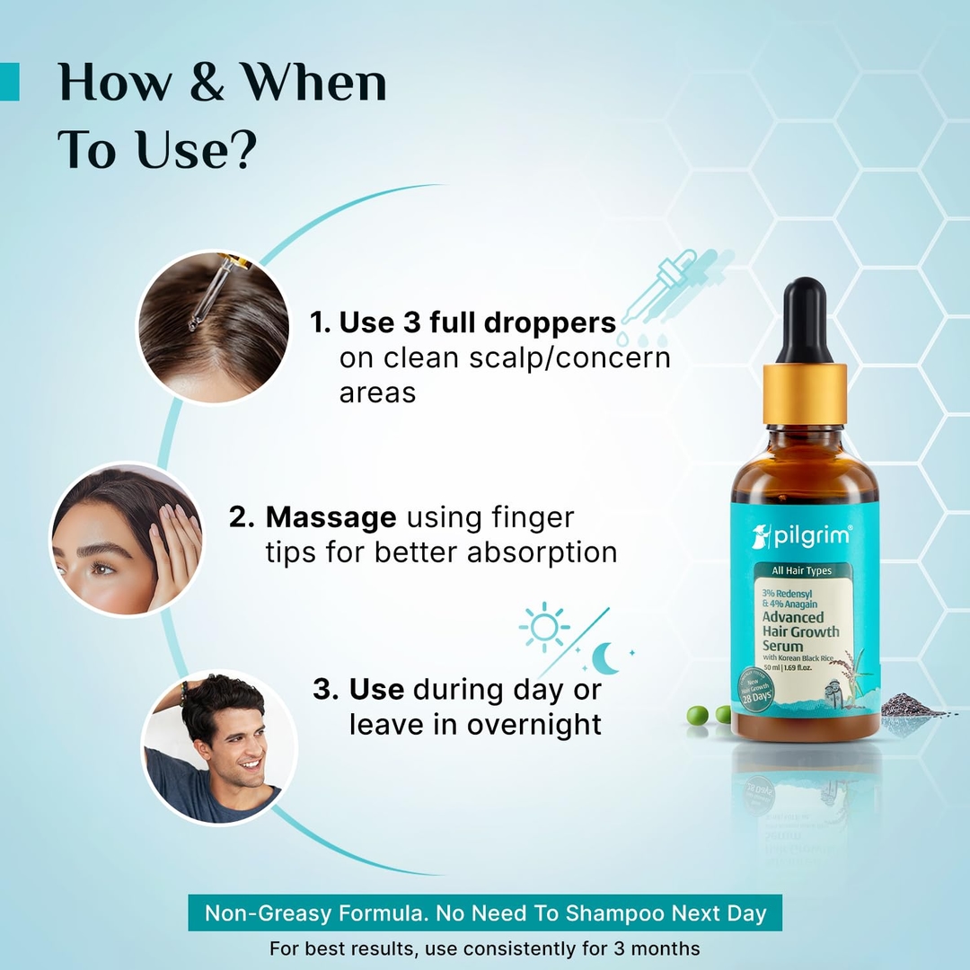 PILGRIM Redensyl 3%+Anagain 4% Advanced Hair Growth Serum For Scalp | 50 ml | With Natural Ingredients Korean Black Rice Controls Hair Fall Stimulates Increases Hair Density | Hairgrowth Serum For Unisex  7