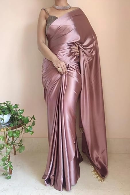 Women's Satin Silk Saree, Rose Gold, Dry Clean Only, Thread Embroidery, Plain Weave, 5.30 Meters 2