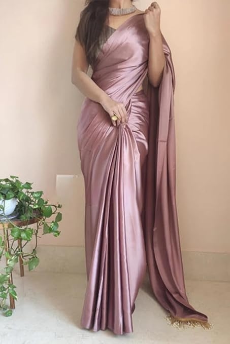 Women's Satin Silk Saree, Rose Gold, Dry Clean Only, Thread Embroidery, Plain Weave, 5.30 Meters 3
