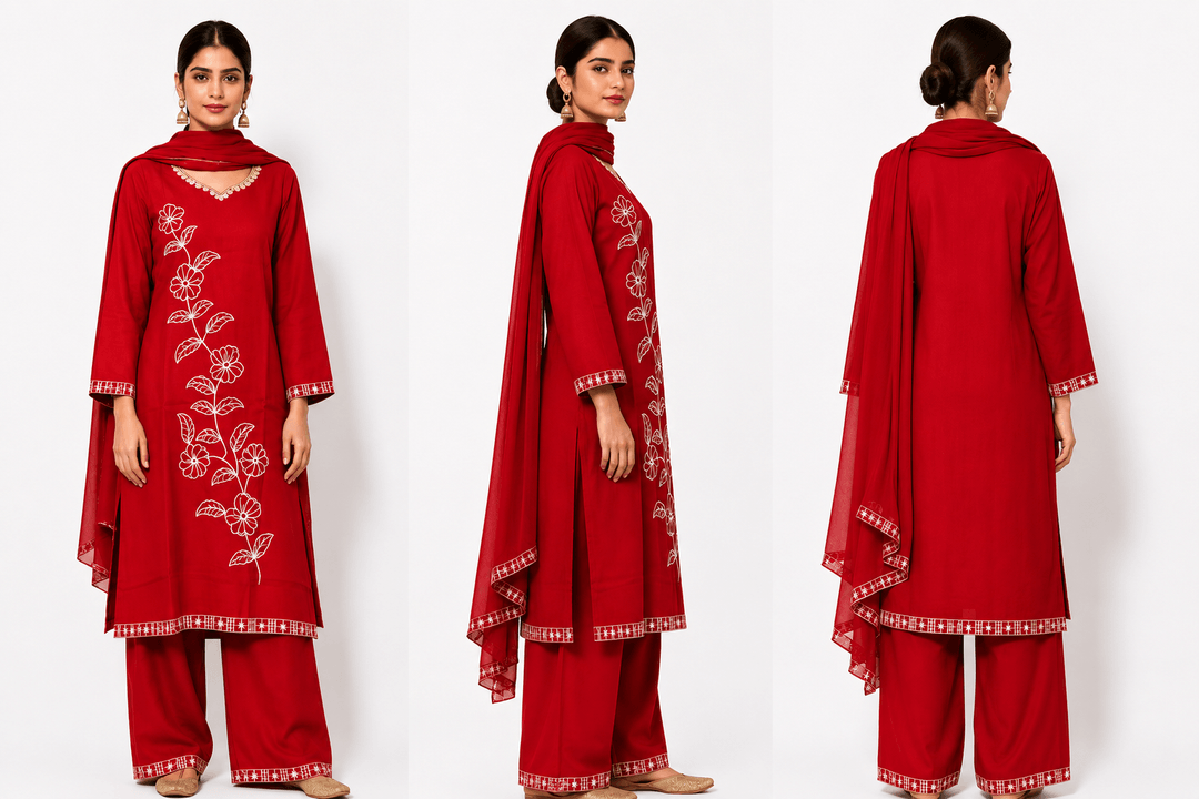Red kurta set Premium Cotton Straight Kurta with Pants and Dupatta Set | Ethnic Set 4