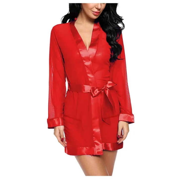 Women Mesh Robe with Satin Border Babydoll Lingerie Free Size Red Color 1