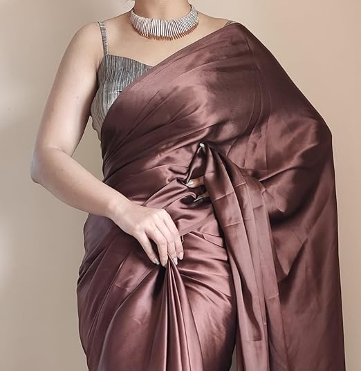 Awafu Women's Ready to Wear Coffee Satin Silk 1 Minute Pre Pleated Indian Saree With Unstiched Blouse 1