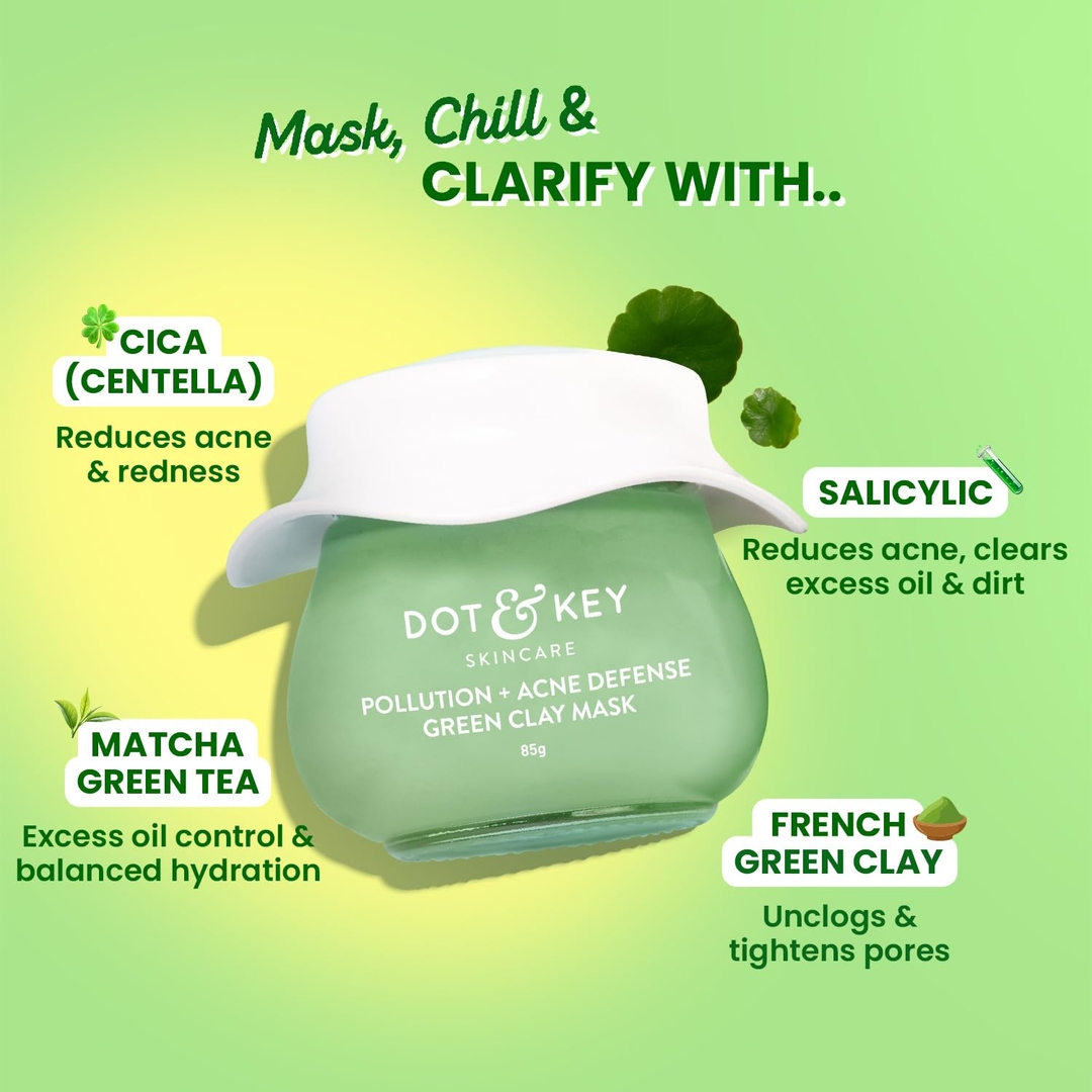 Dot & Key Skin Care Pollution + Acne Defense Green Clay Mask | Clay Mask for Face with Salicylic & Matcha Tea | Reduces Active Acne, Soothes Redness | For Dark Spots, Oily, Acne Prone Skin | 85g 3