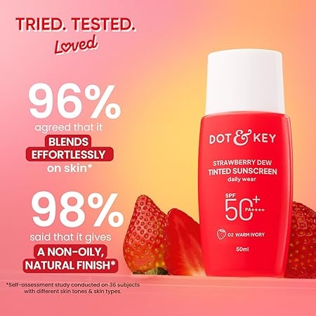 Dot & Key Strawberry Dew Tinted Sunscreen In-Vivo Tested SPF 50+ PA++++ With New-Age UV Filters, Brightens & Protects Skin, Ultra-light, Blends Easily, With Niacinamide, Natural Finish, Non-Sticky | 50ml 4