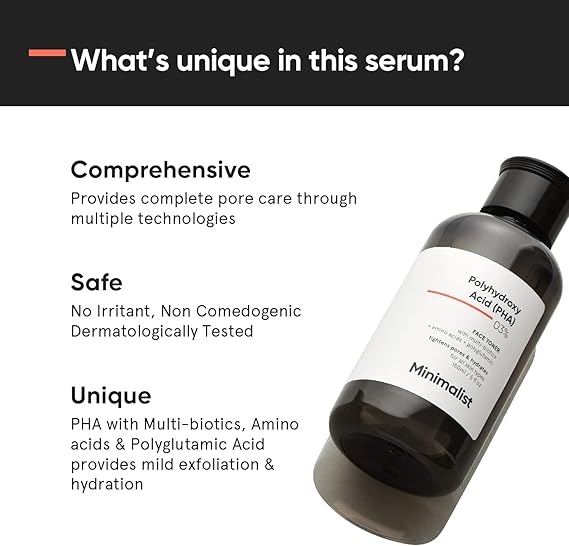 Minimalist 3% PHA Alcohol Free Hydrating Face Toner for Pore Tightening | Mild Exfoliation, pH Balancing & Rebalancing Skin Microbiome | for Women & Men | 5 Fl Oz / 150 ml 3