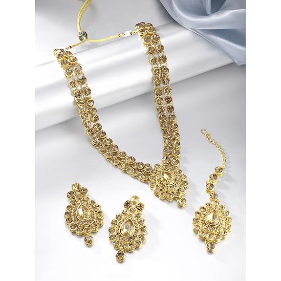 Peora American Diamond Gold Plated Jewellery Set with Maang Tikka for Women 3