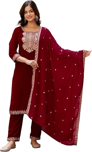 Women's Velvet Embroidery Salwar Suit Set Kurta Pant with Dupatta Maroon Kurta Set for Women 1