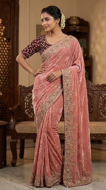 Shivshakti Collection Designer Fandy Satin Saree for Women with Sequence Work | Cutwork Border Saree with Contrast Embroidered Full Stitch Blouse 2