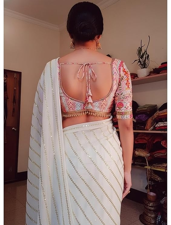Elegant Georgette Saree for Women with Embroidered Blouse Piece | Soft Silk Saree for Women | Banarasi | Kanjivaram |Traditional Indian Ethnic Dress 4