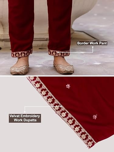 Women's Velvet Embroidery Salwar Suit Set Kurta Pant with Dupatta Maroon Kurta Set for Women 5