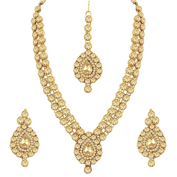 Peora American Diamond Gold Plated Jewellery Set with Maang Tikka for Women 1