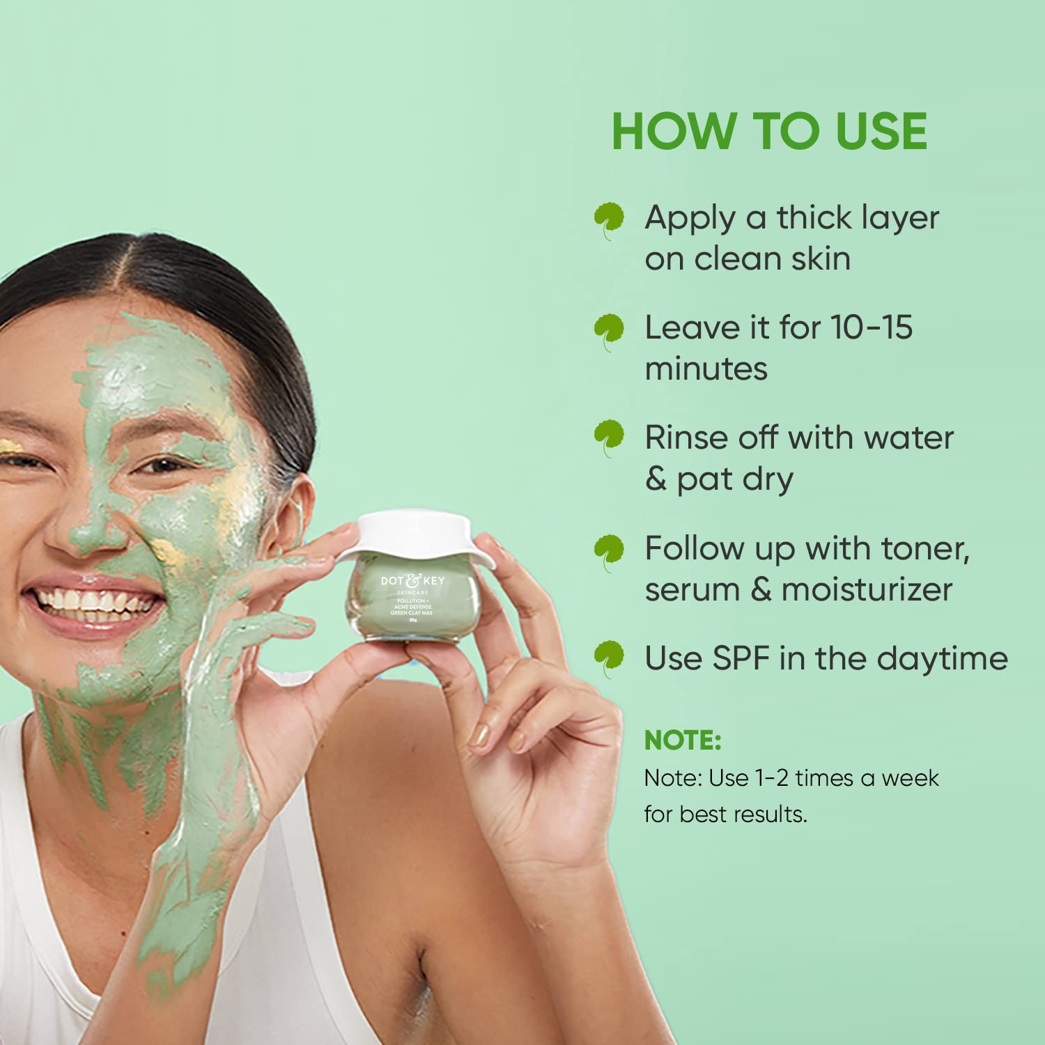 Dot & Key Skin Care Pollution + Acne Defense Green Clay Mask | Clay Mask for Face with Salicylic & Matcha Tea | Reduces Active Acne, Soothes Redness | For Dark Spots, Oily, Acne Prone Skin | 85g 5