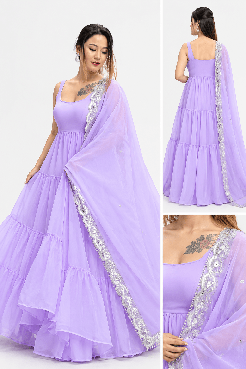 Lavender Tiered Anarkali Dress for Women with Embroidered Dupatta 4