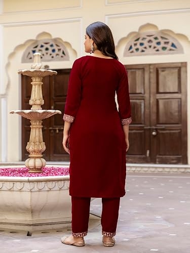 Women's Velvet Embroidery Salwar Suit Set Kurta Pant with Dupatta Maroon Kurta Set for Women 2