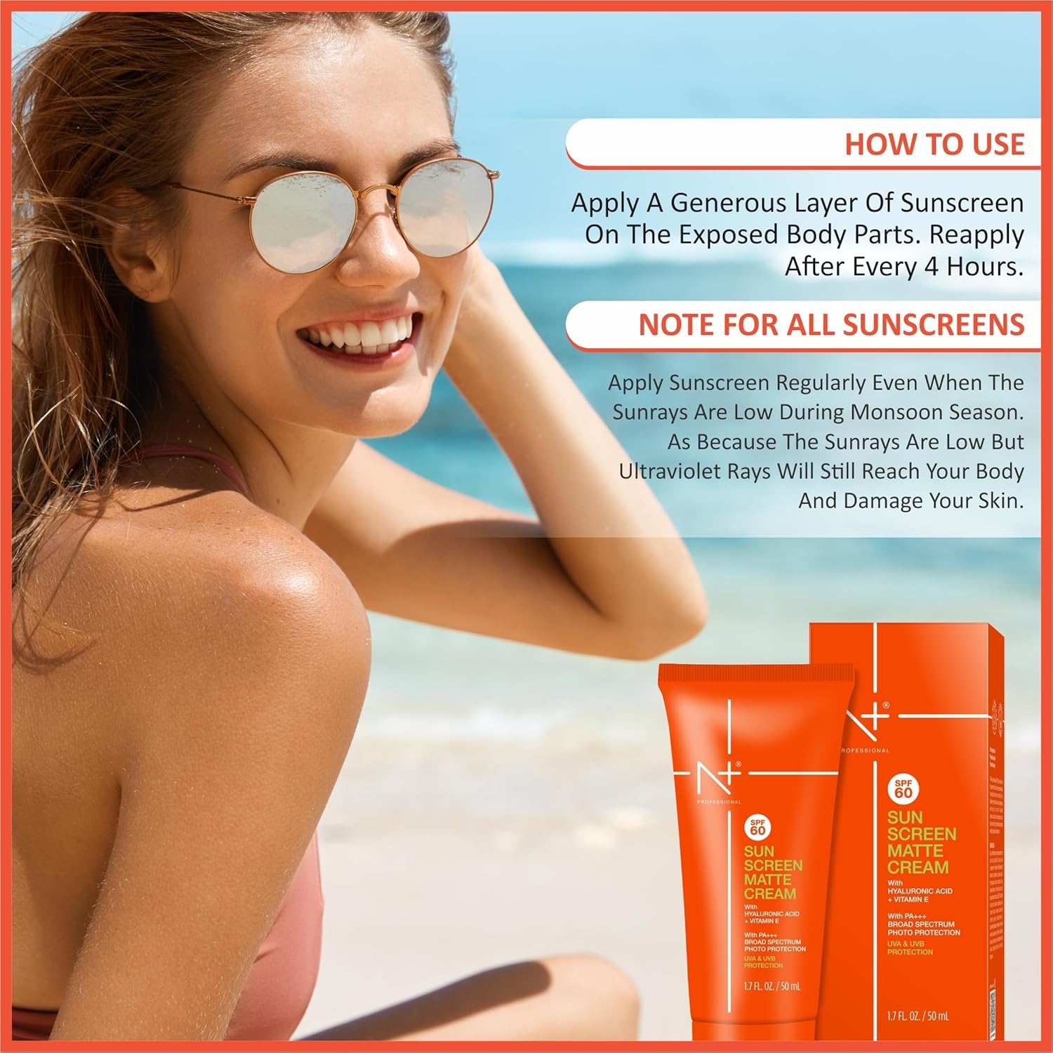 N+ Professional Sunscreen SPF 60 (UVA/UVB) Matte Cream with Hyaluronic Acid + Vitamin E - 6