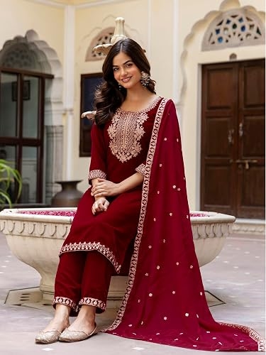 Women's Velvet Embroidery Salwar Suit Set Kurta Pant with Dupatta Maroon Kurta Set for Women 3