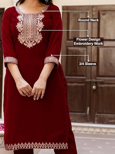 Women's Velvet Embroidery Salwar Suit Set Kurta Pant with Dupatta Maroon Kurta Set for Women 4