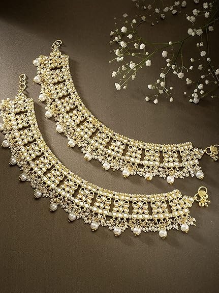 Jewels Gold Plated Bridal Kundan Anklets For Women 3