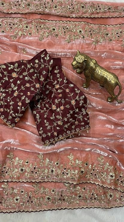 Shivshakti Collection Designer Fandy Satin Saree for Women with Sequence Work | Cutwork Border Saree with Contrast Embroidered Full Stitch Blouse 4