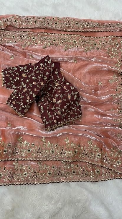 Shivshakti Collection Designer Fandy Satin Saree for Women with Sequence Work | Cutwork Border Saree with Contrast Embroidered Full Stitch Blouse 3