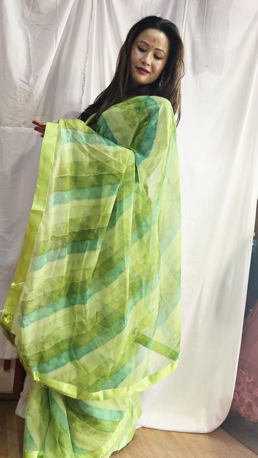 Menuka Brand green Saree, Mustard Yellow Printed Fancy Chiffon Saree With Border 4