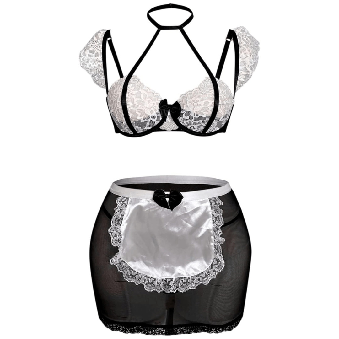 Women Lace Net Fabric 3 Pieces Bralette Bra and Cute Mini Skirt Contrast Lace Bow Front Low Rise Underwire Halter Lingerie Set with G-String Black and White Color 5