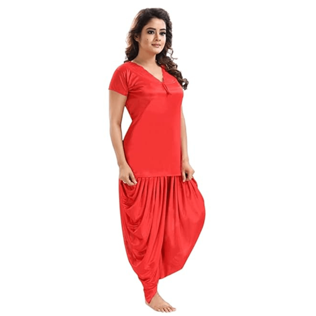 Silk Bridal Nightgown Dhoti  Set Stylish Fancy Bridal Nighty Set For Women Free Size Red Color (4 set) 6