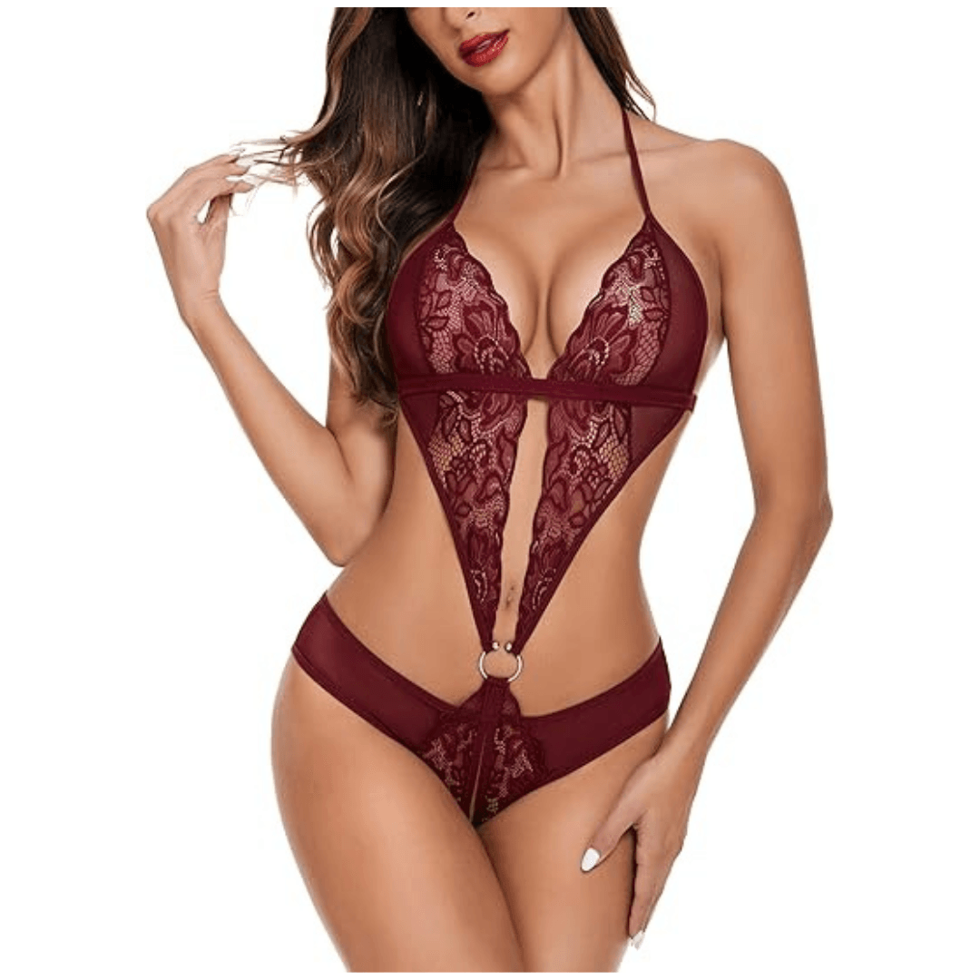 Women Deep V Lingerie Lace Teddy One Piece Babydoll Mini Bodysuit Free Size Maroon Color 1