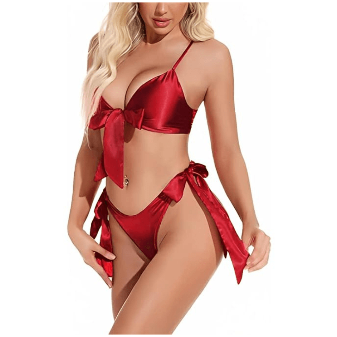 Women Babydoll Black Lingerie Set Satin Silk Two Piece Bra and Panty Sets for Valentine Honeymoon Nightwear Dress Free Size Maroon Color 3