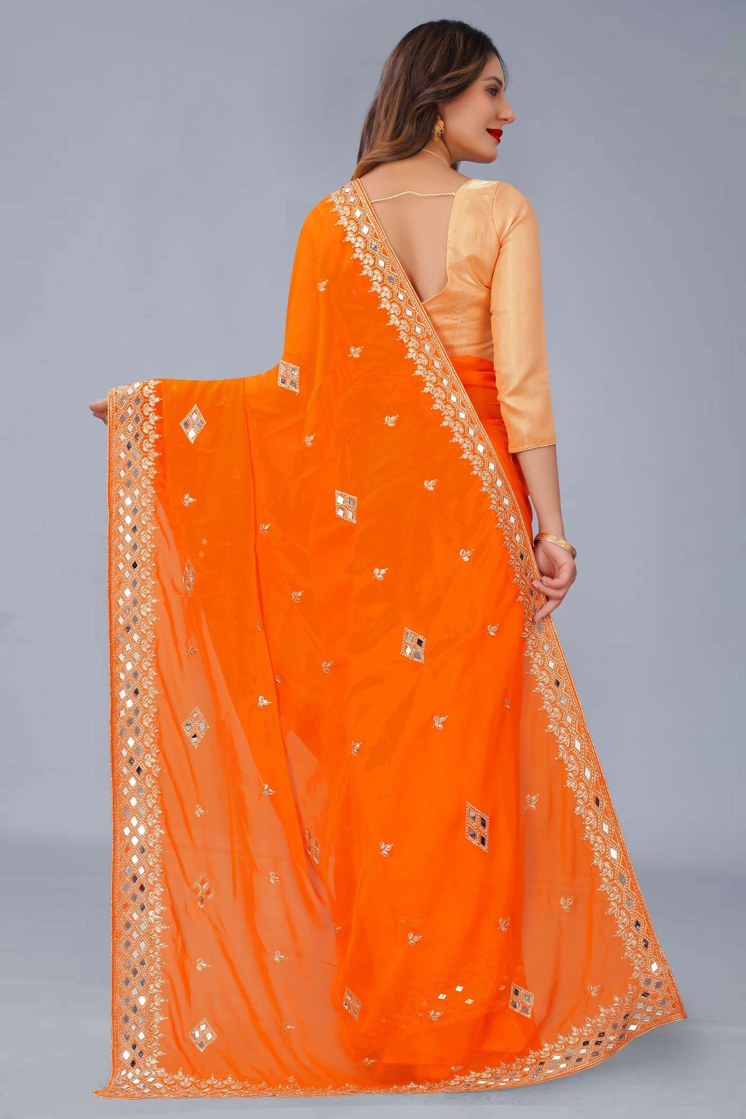 Georgette Orange Mirror Work Saree With Blouse 2