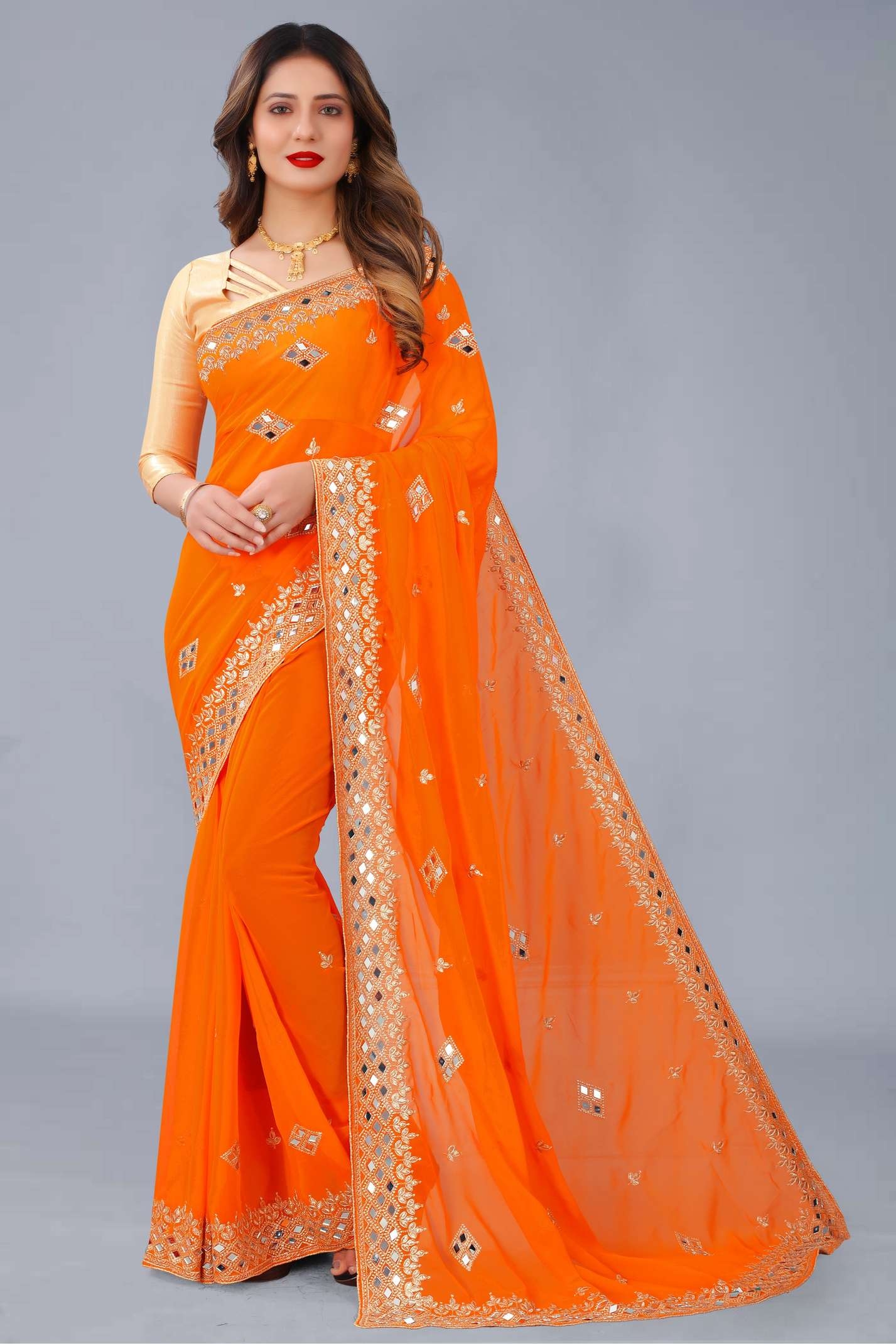Georgette Orange Mirror Work Saree With Blouse 1