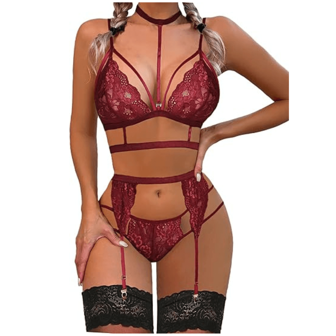 Women Lace Garter Lingerie Set with Removable Choker Teddy Babydoll Strappy Bra and Panty Set Free Size Maroon color (No Stockings) 1