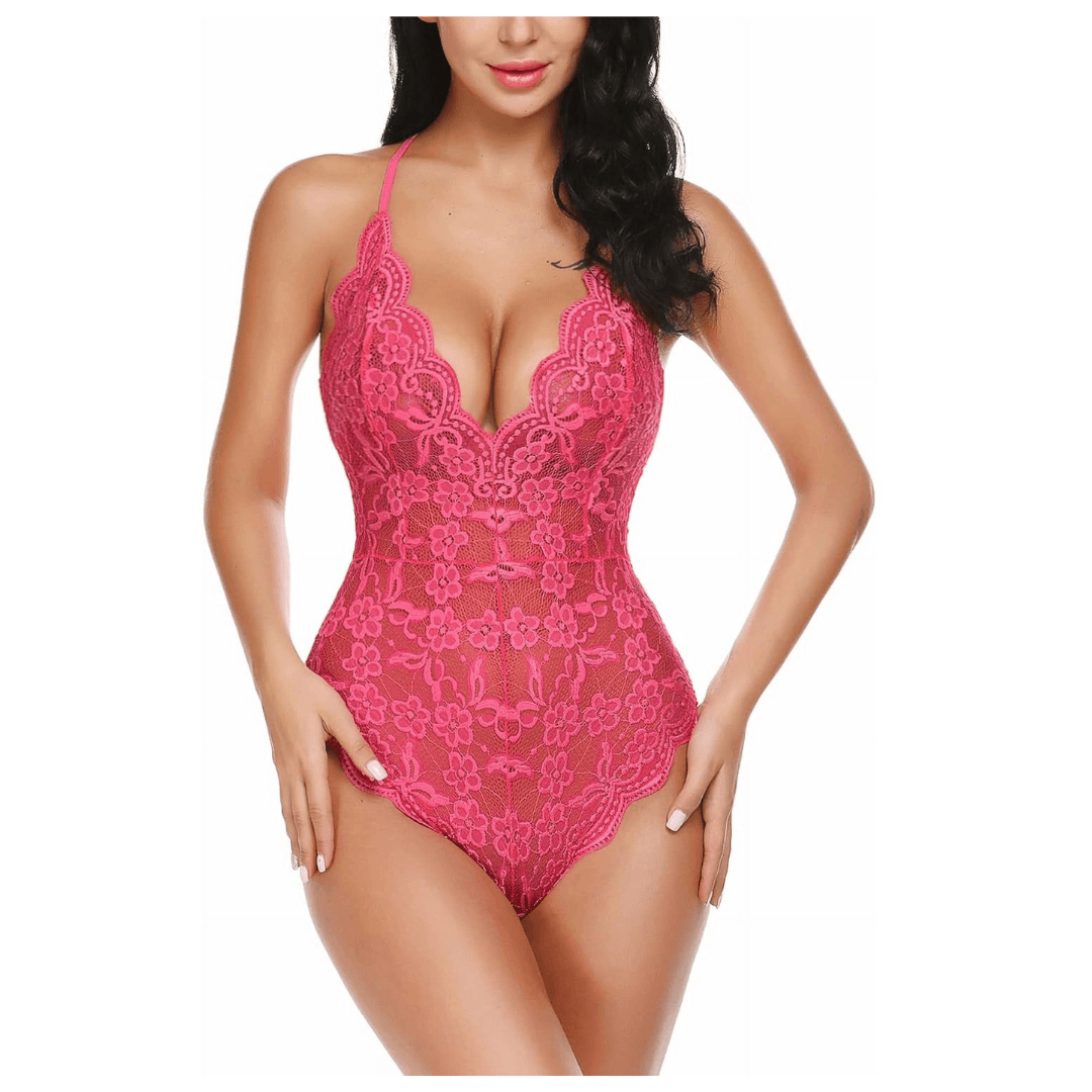 Women Deep V Lingerie Lace Teddy One Piece Babydoll Mini Bodysuit  Free Size Pink Color 1