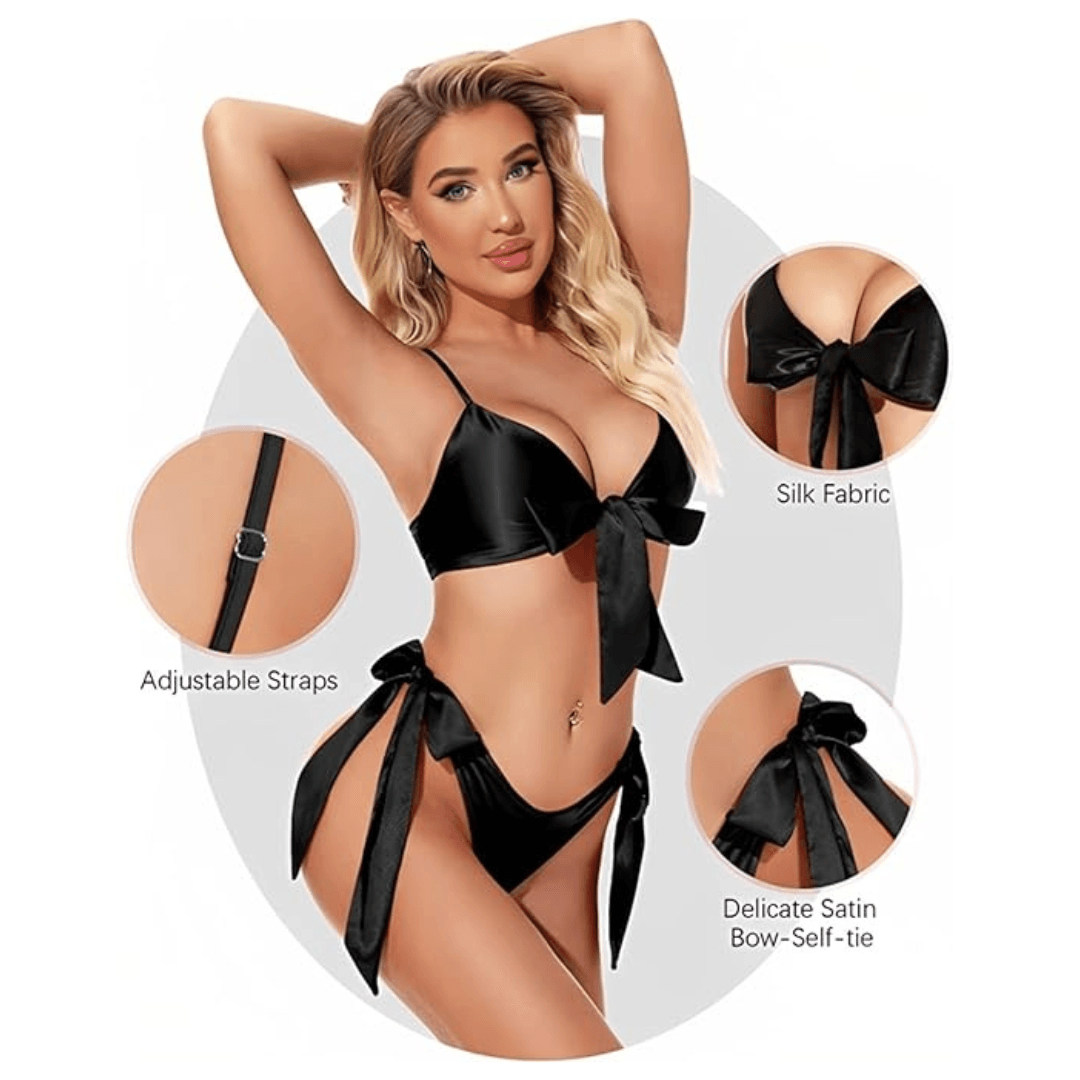 Women Babydoll Black Lingerie Set Satin Silk Two Piece Bra and Panty Sets for Valentine Honeymoon Nightwear Dress Free Size Black Color 2
