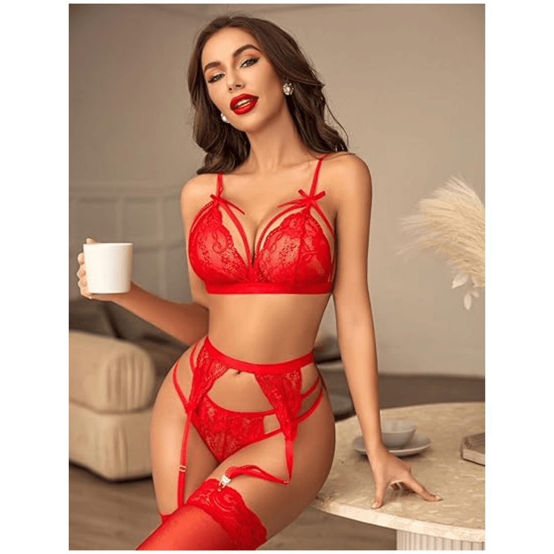 Women Lingerie Set Lace Teddy Strap Babydoll Bodysuit with Garter Belts  Free Size Red Color(No Stocking) 4