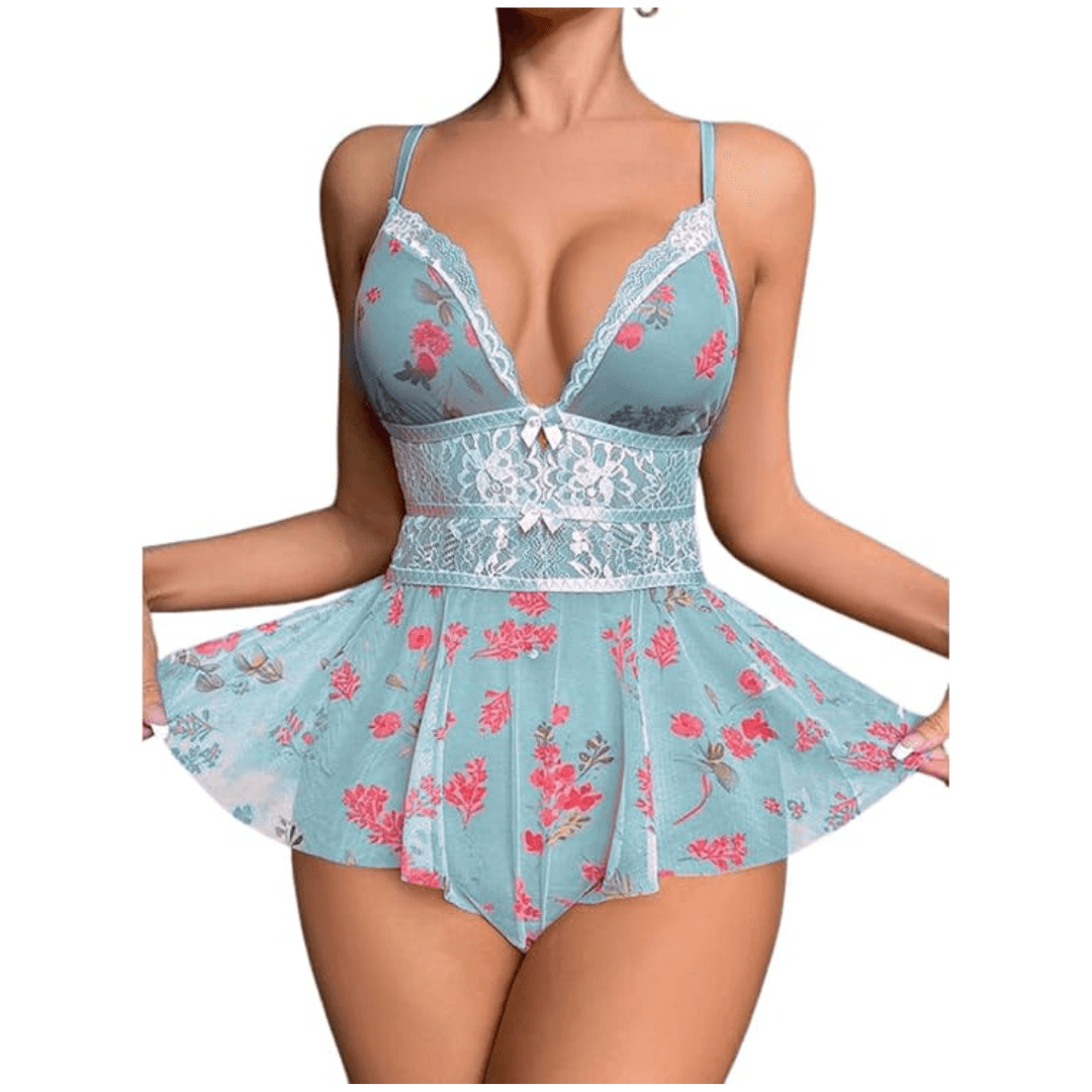 Daisy Lace Babydoll Nightwear - Women's Floral Chemise One-Piece with Lace Babydoll Lingerie Mesh Wedding Nightie Bridal Dress Honeymoon Valentine Nightdress Free Size Light Blue Color 1