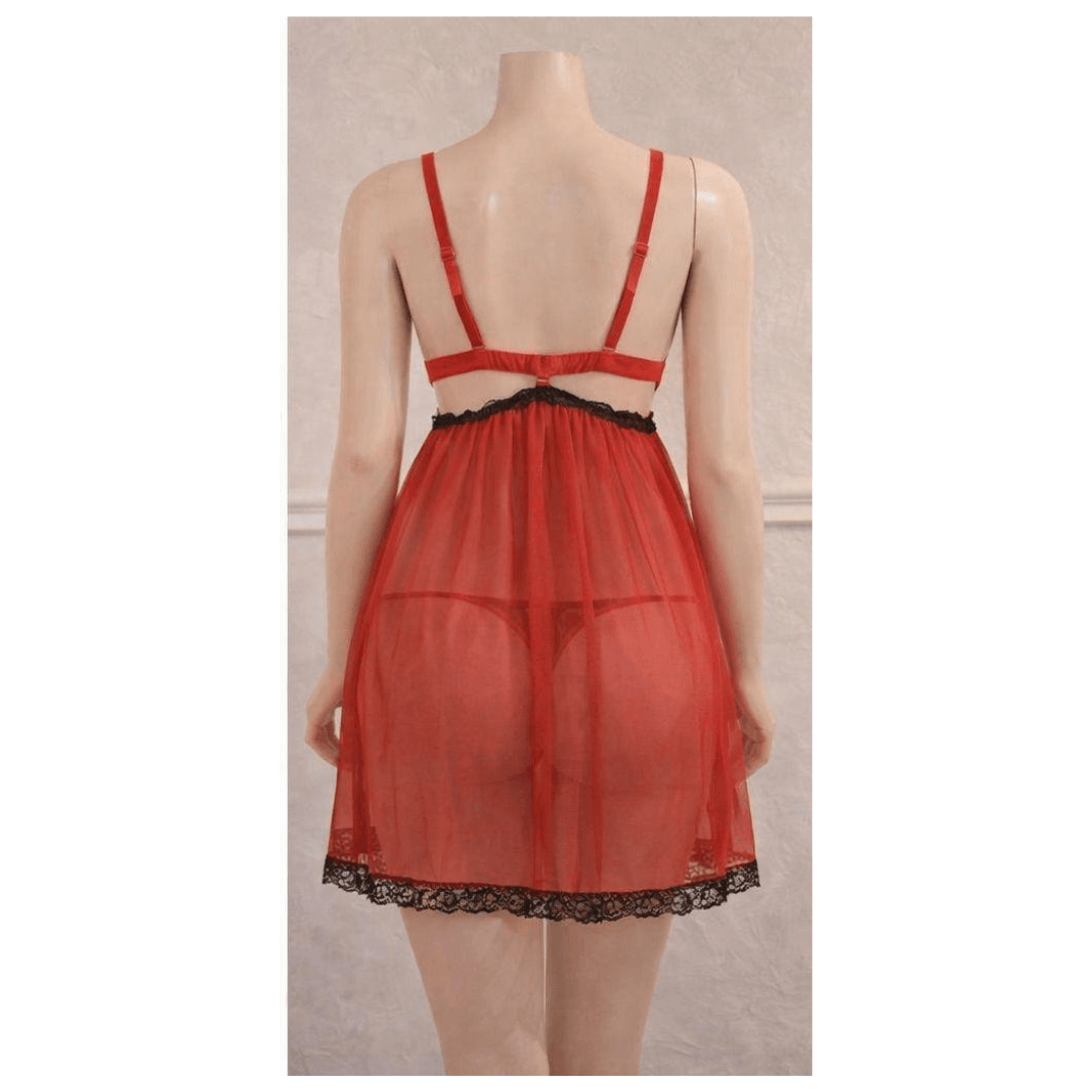 Women Heart Design Nightwear Lingerie Set Babydoll NightDress With G String Panty Free Size Red Color 2