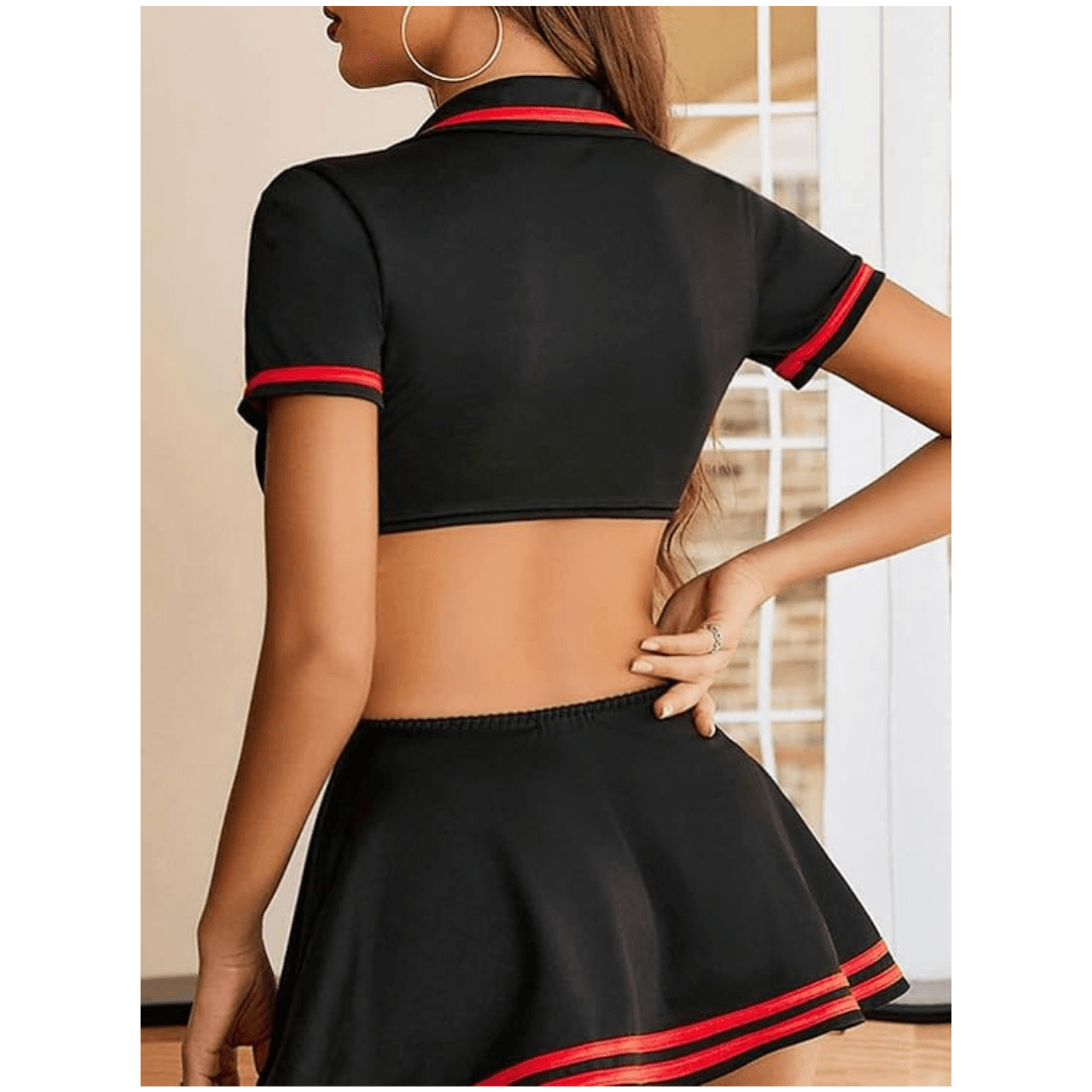 Women Two-Piece Costume Set, Black Nurse Roleplay Dress with Heart Design and Lace Trim, V-neck Short Sleeve With G-string Panty Free Size Black Color 2