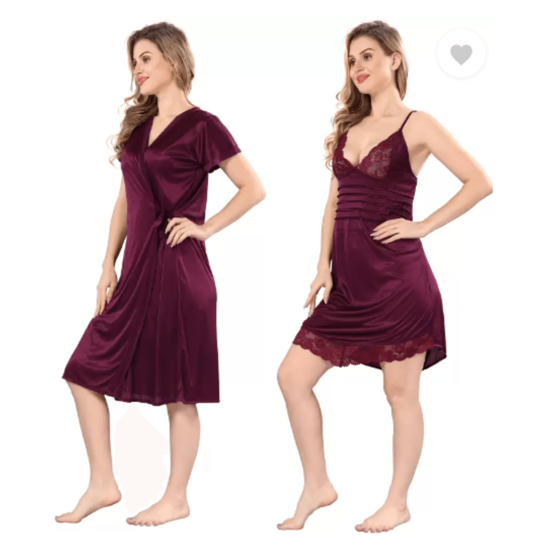 Silk Bridal Nightgown Set Stylish Fancy Bridal Nighty Set For Women Free Size Blush Purple Color 3