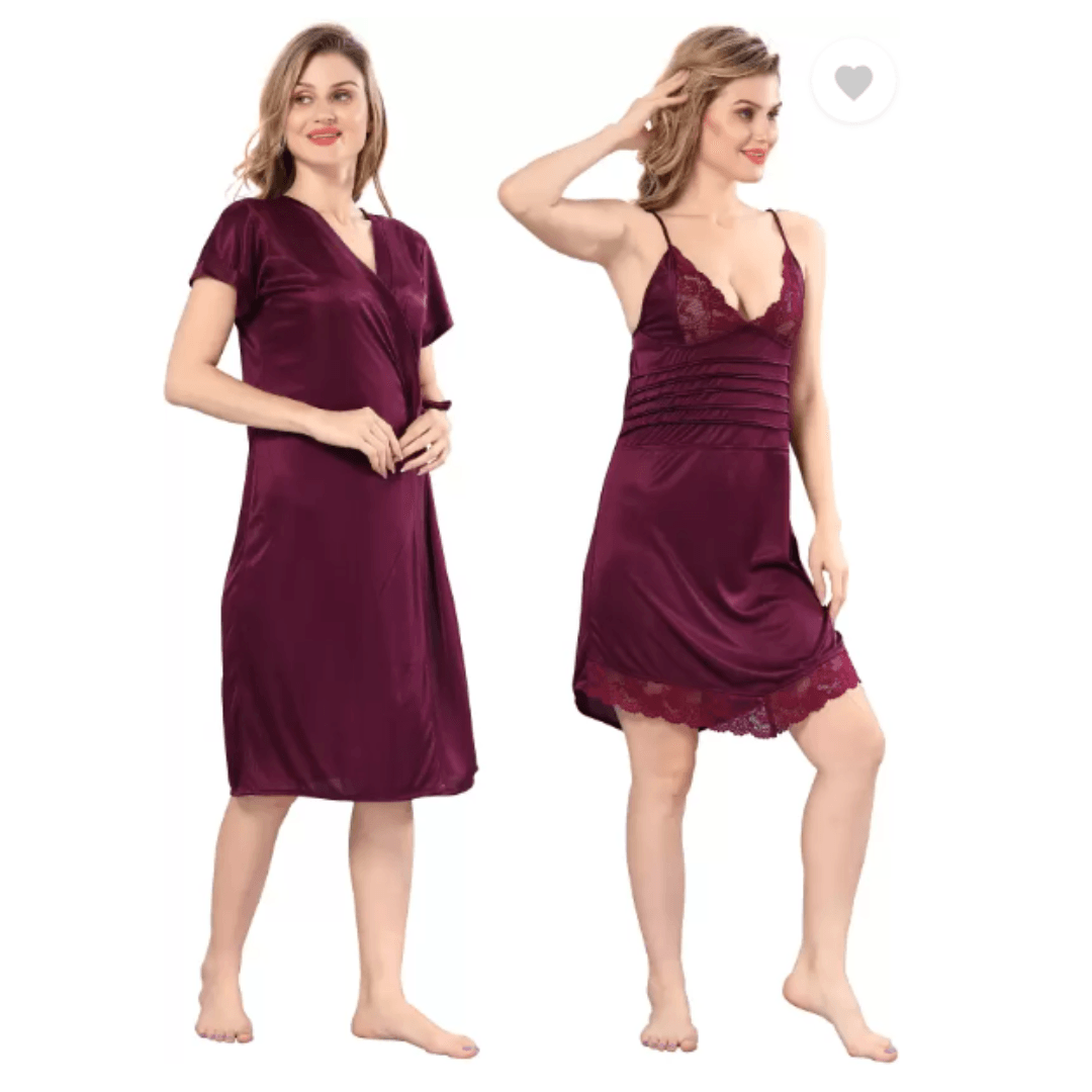 Silk Bridal Nightgown Set Stylish Fancy Bridal Nighty Set For Women Free Size Blush Purple Color 4