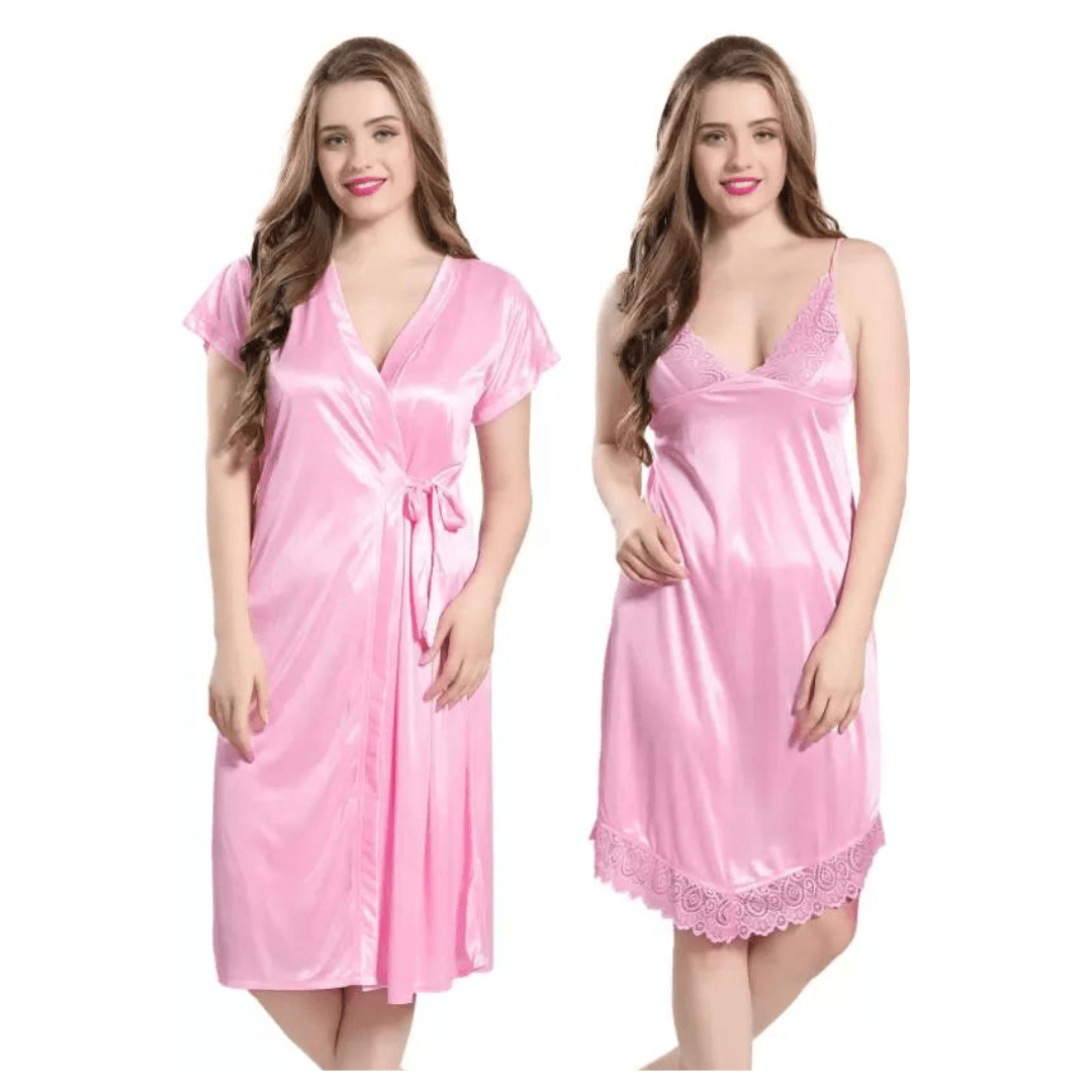 Silk Bridal Nightgown Set Stylish Fancy Bridal Nighty Set For Women Free Size Blush Pink Color 1